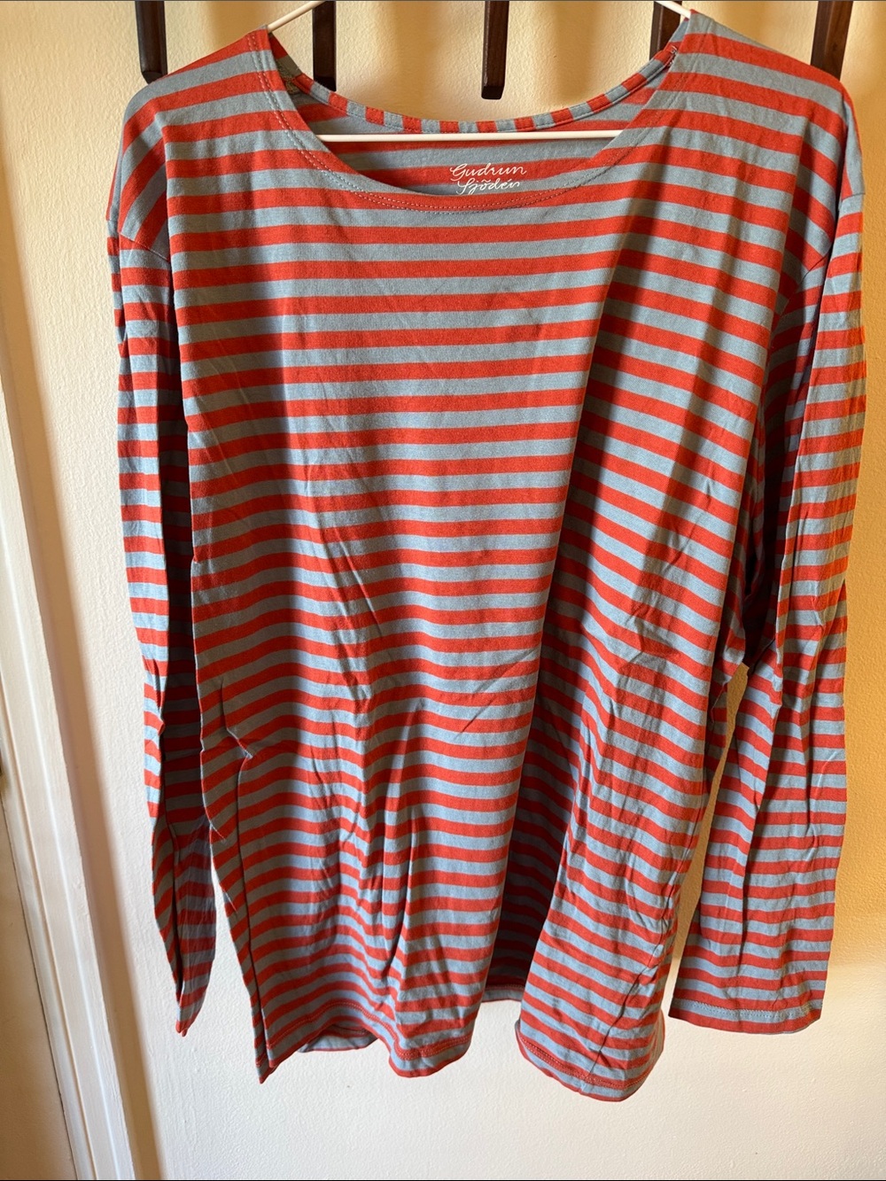 Gudrun Sjoden Women’s Long-Sleeve Knit Striped Shirt in Coral and Light Blue